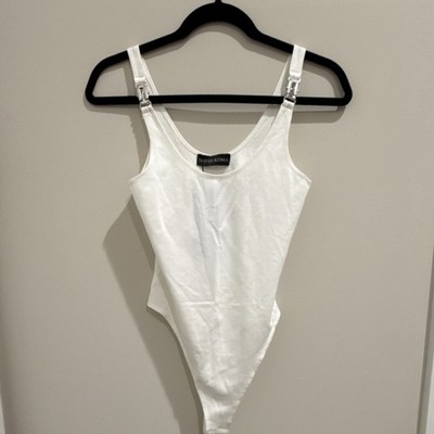 David Koma White Bodysuit One Piece Buckle Strap Snap Closure Stretch UK Size 6