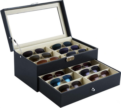 12 Slot Sunglasses Organizer, Lockable Leather Multi Eyeglasses Organizer with D