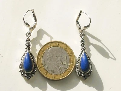 BELLES BOUCLES D'OREILLES ANCIENNES 1980 en ARGENT / LAPIS-LAZULI et MARCASSITE - Photo 1/4