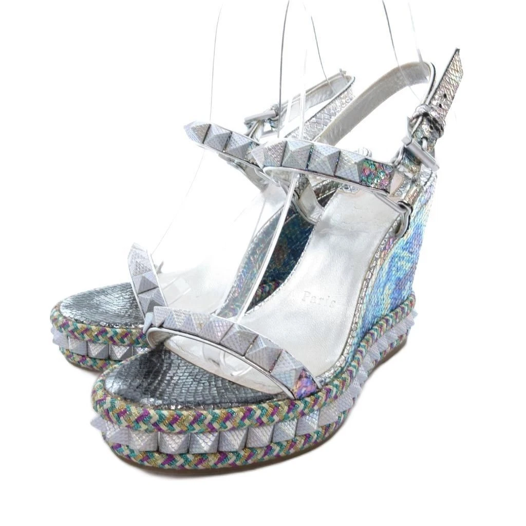Christian Louboutin — Christian Louboutin Cataclou Silver Studded Wedge Sandals Ankle Strap EU:36
