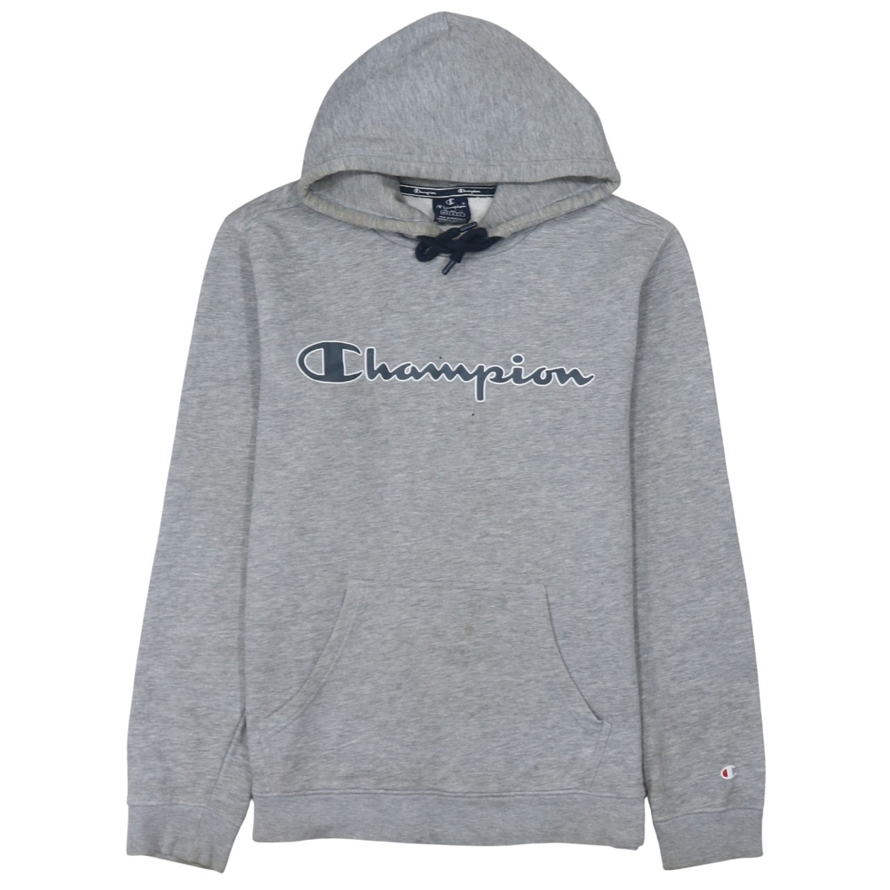 Champion Mens Hoodie Grey Fleece Pullover Script Logo Kangaroo Pocket Medium M