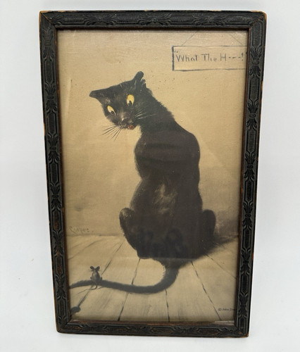 Vintage Carved Framed Print What The H---! JM Cooper Black Cat and Mouse READ