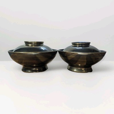 A pair of retro Japanese style covered bowls, black glaze & gold stripes,w/lids