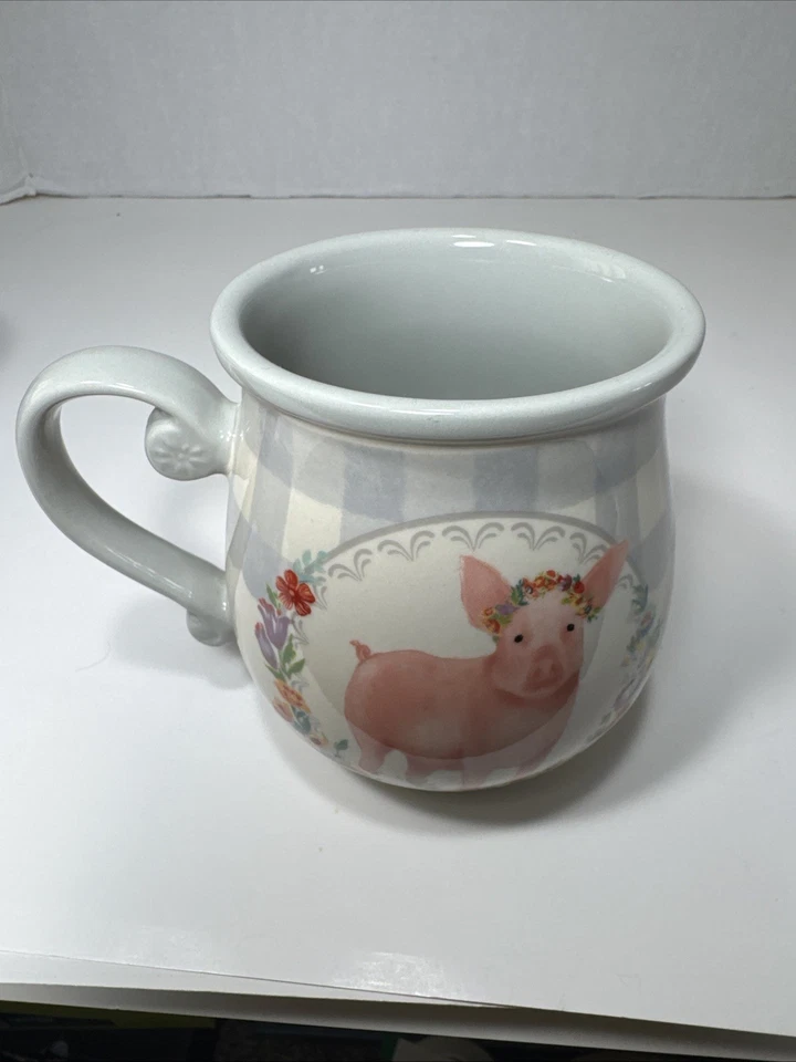 Pioneer Woman 15 oz. Taza de café Grey Gingham Country Farm diseño cerdo rosa BONITA Foto 4 de 4