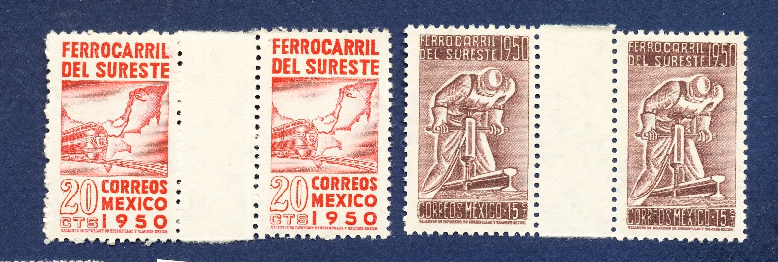 (46)   MEXICO - Scott 870-1  - MNH Gutter Pairs - Train Veracruz to Yucatan 1950