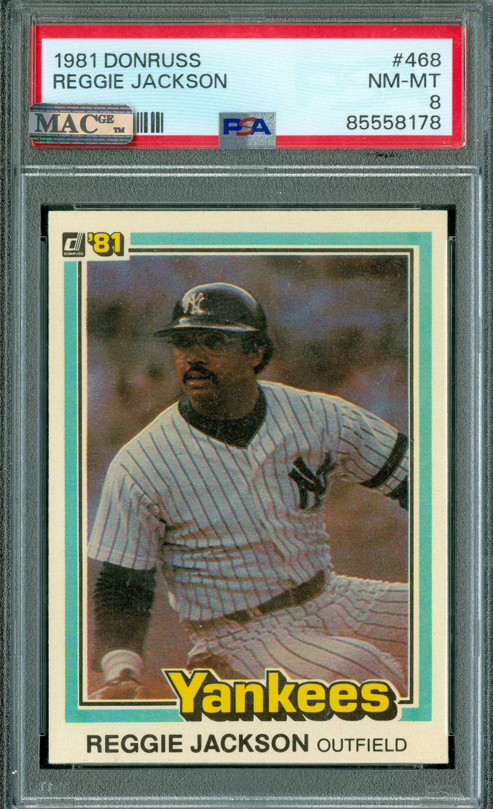 1981 DONRUSS # 468 REGGIE JACKSON PSA 8  MAC SPOTLESS CENTERED  *