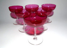 6 x Antique Champagne Saucers / Coupes, Cranberry Glass & Clear Stems