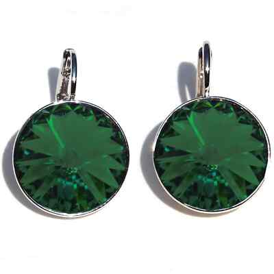 Large Round Bella Women Emerald Earrings Made with SWAROVSKI Crystals 