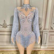 Long Sleeve Fringes Bodysuit Women Sexy Mesh Performance Dance Costume Nightclub