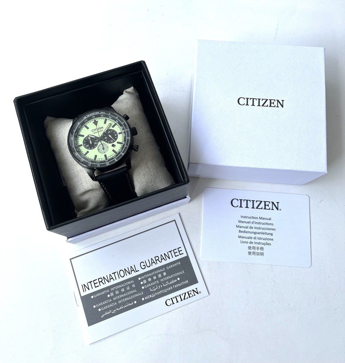 New! Citizen Eco-Drive Watch CA4505-21X Chronograh Green Lum Dial