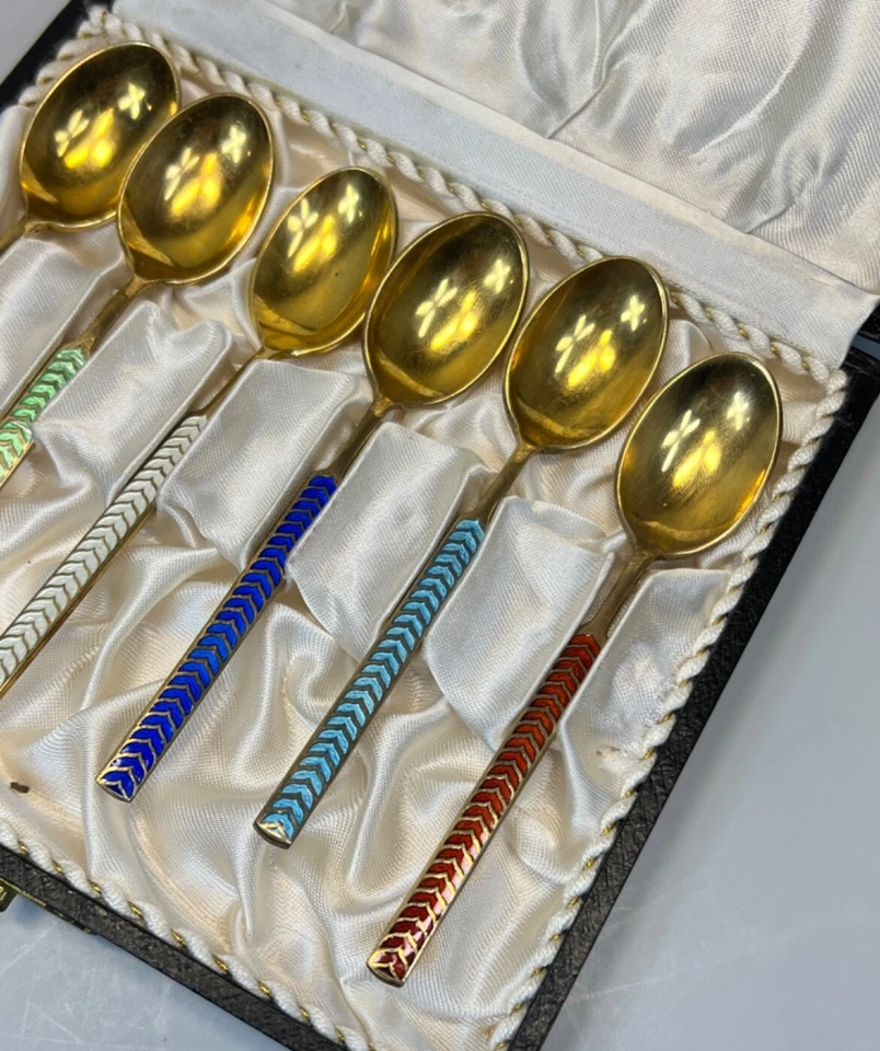 VTG MEKA Denmark Sterling Silver Demitasse Coffee Spoons Set Guilloche Enamel - Image 4 of 4