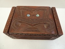 VINTAGE WOODEN TIKI CARVED TREASURE BOX DEREK NEW ZEALAND MAORI PAUA SHELL EYES