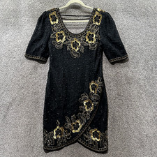 Daval Designs by Samir Suri  Beaded Dress 100% Silk Black And Gold Floral