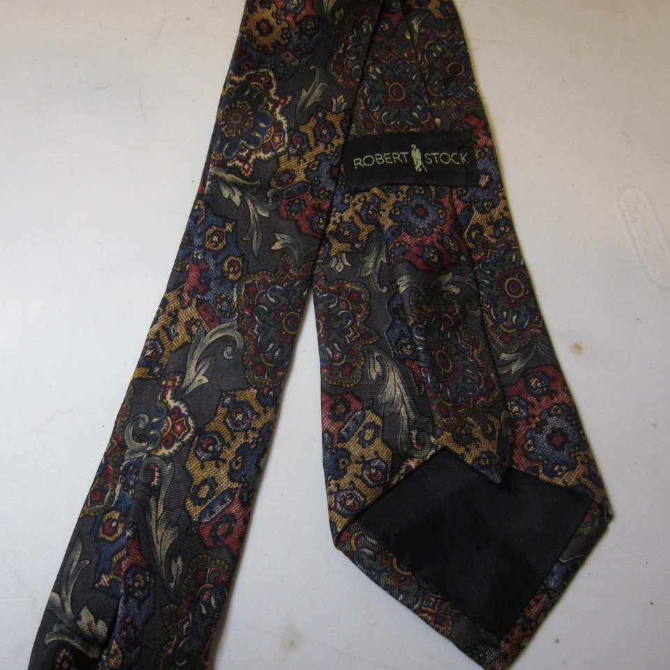 Impresionante corbata formal Robert Stock para hombre 56"Lx3,75"W marrón/azul marino corbata de cuello EXCELENTE Foto 3 de 4