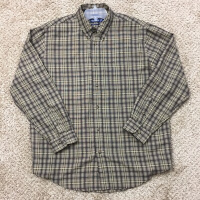 Consensus Shirt Mens Large Beige Black Plaid Long Sleeve Button Up Microfiber 