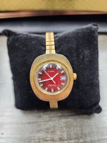 Vtg 1950's Timex Electric Art Deco Analog Watch Gold Tone Red Face - Not Tested