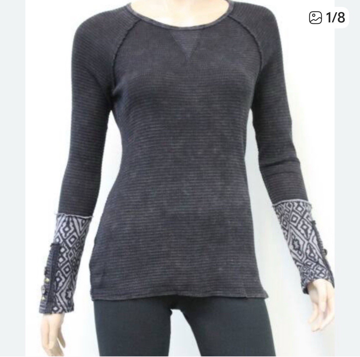 NWOT Able Waffle Knit Long Sleeve Thermal Top Black Size M Embellished Cuffs