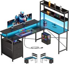 L Shaped Gaming Desk with Shelves,Reversible Computer Gaming Desk with LED Light