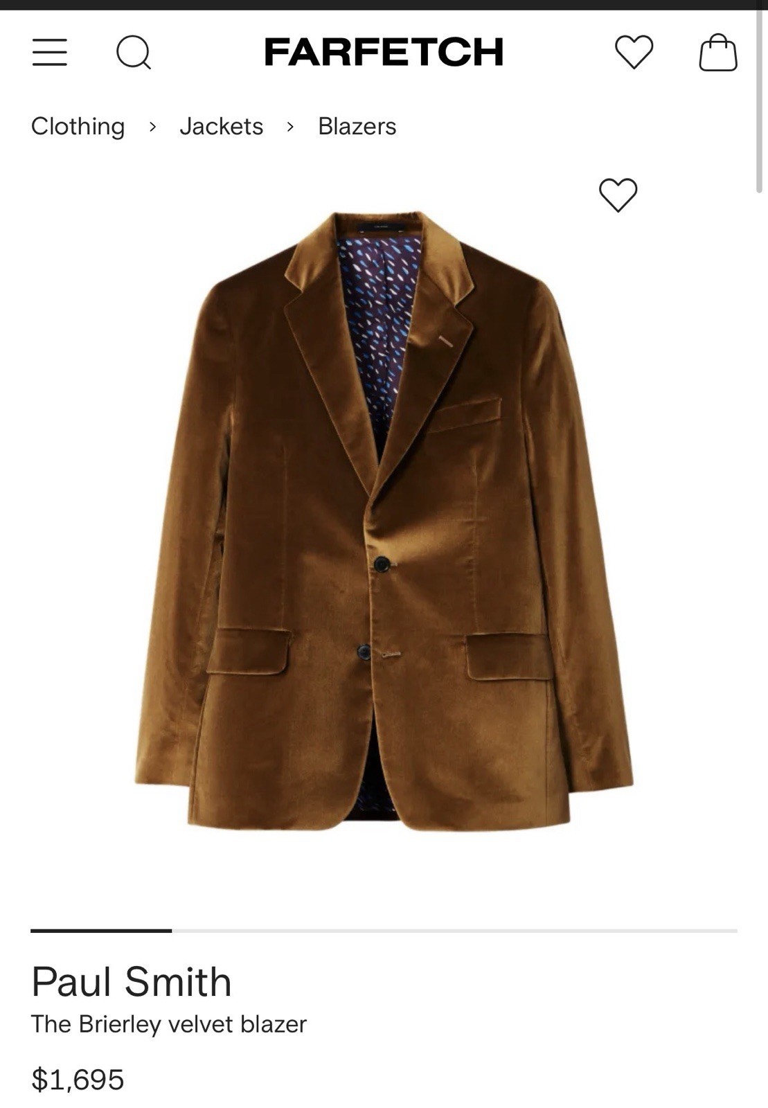 Paul Smith Brown The Brierly Velvet Sports Coat Blazer. New With Tags. Size 42R