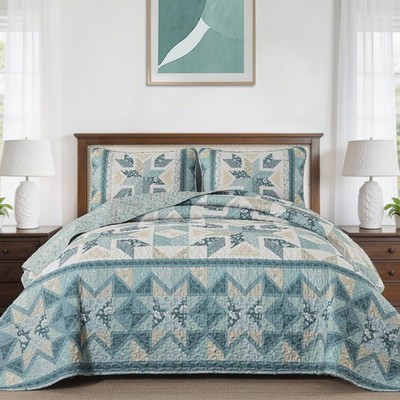Dinjoy Patchwork Quilts Queen Size，Reversible Green Floral Quilt Bedding
