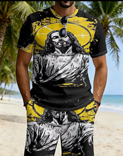 Men  s Black Yellow White Religious Graphic 2-Piece Set M Crewneck Tee Shorts