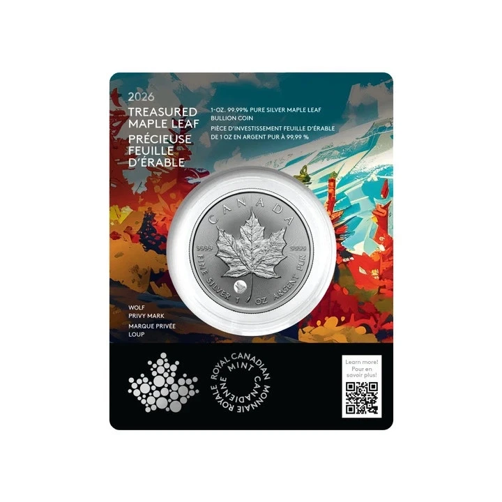 Canadá 5 $ 2025 Treasured Maple Leaf Privy Mark Wolf 1 OZ plata BU en blister - Imagen 3 de 4
