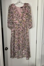 Tommy Hilfiger Pink Floral Chiffon Wrap Midi Dress Ruffles Size 12 Flowy Boho