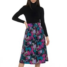 Vintage 80s High-Waisted Floral Midi Skirt, Pleated A-Line Skirt, Size M