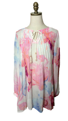 Soft Surroundings Size S Bed of Roses Sheer Floral Beaded Tassels Pintuck Tunic