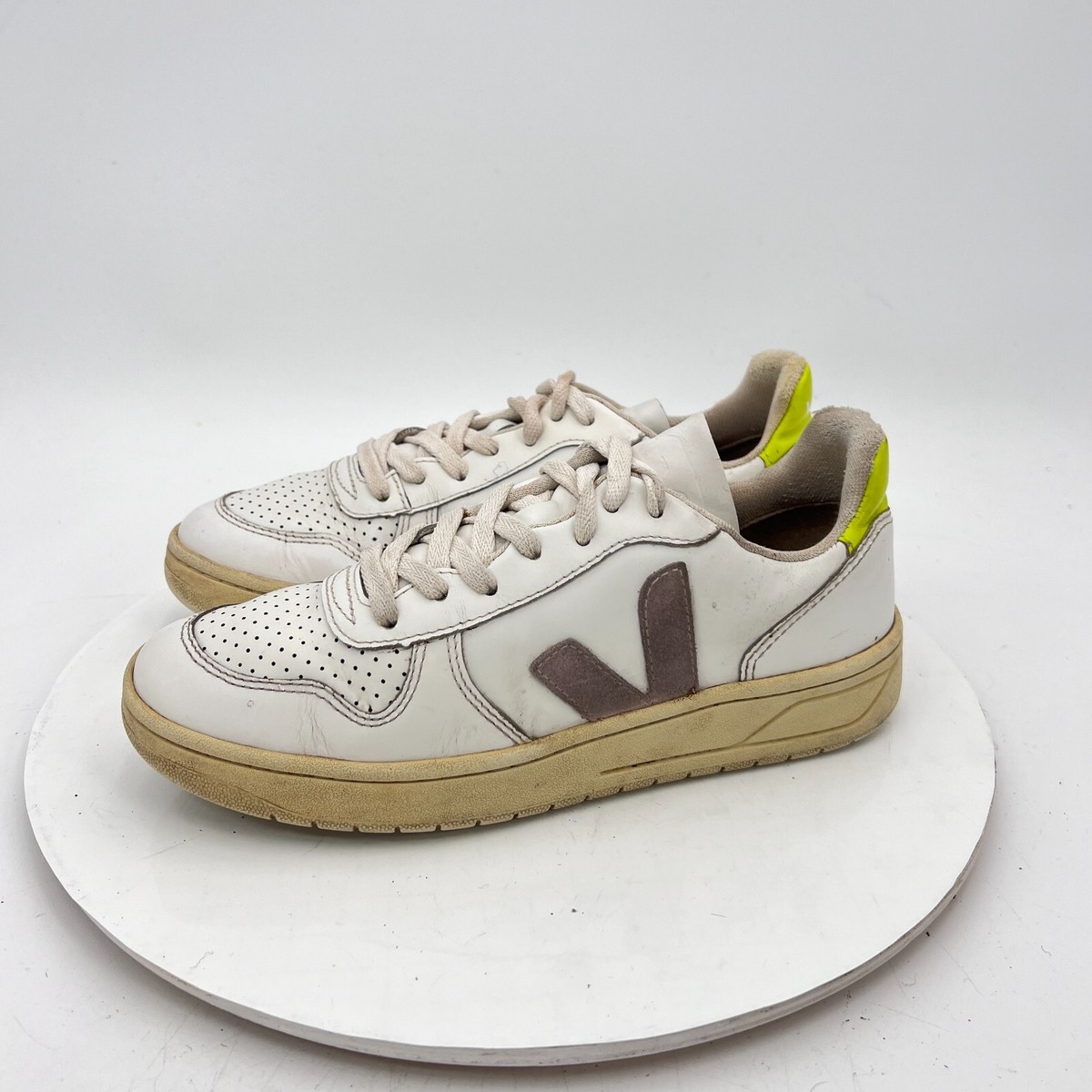 Veja V-10 Women Sz 6 White Neon Leather Brown Stitch V Logo