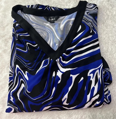 Slim Factor By Investments Sz XL Blue Swirl Tunic Blouse V Neck Side Slits - Picture 10 of 10