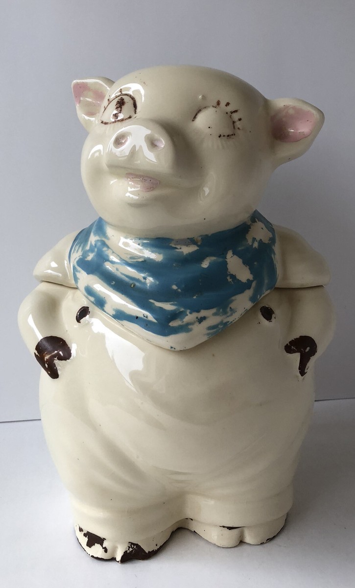 Vintage Shawnee Smiley Pig Cookie Jar Blue Scarf Eyes Open Brown