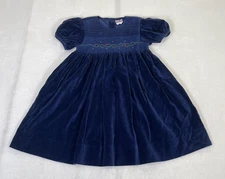 Petit Ami Sz. 6 Navy Blue Velvet Smocked Dress Hand Embroidered Flowers Charity