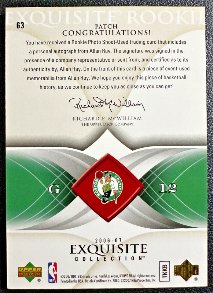 ALLAN RAY 2006-07 UD Exquisite Collection Rookie Patch Autograph 013/225 - Image 2 of 2