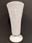 Vintage Milk Glass Vase Raised Grapevine Design Pedestal Base 9.75" Tall