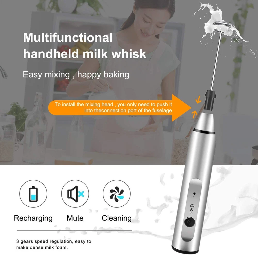 Milk Frother Handheld, Rechargeable Whisk Drink Mixer for Coffee with Art Ste...