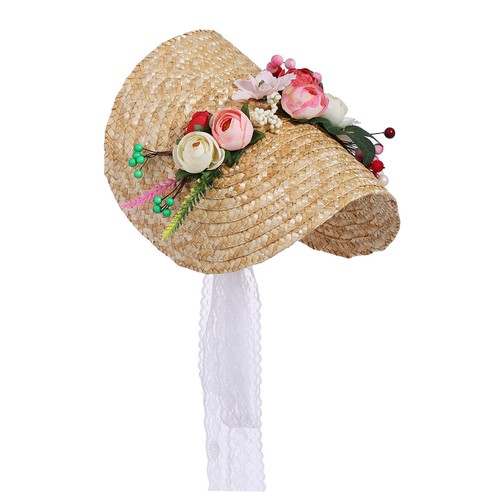 Women Floral Flat Hat Straw Bonnet 
