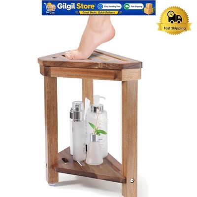 Elegant Acacia Wood Shower Stool - 14in Space-Saving Footrest for Shaving