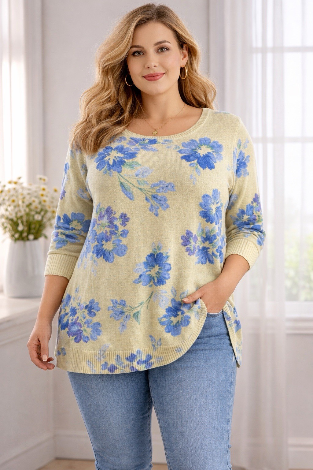 Denim & Co Floral Knit Sweater Women’s 1X Yellow Blue 3/4 Sleeve Tunic Top