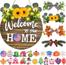Interchangeable Welcome Home Sign, Front Door Decor With 4 Seasonal Wreaths a...