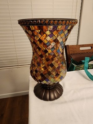 PartyLite 12'' Tall Global Fusion Hurricane Stained Glass Mosaic Candle Holder