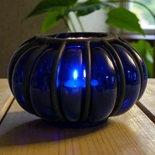 Vtg Iron Caged Bubble Glass Candle Holder Hand Blown Blue Glass Brutalist Style 