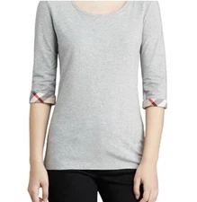 Burberry Brit 3/4 Sleeve Check Cuff Scoop Tee Top Gray Women Size Small Cotton