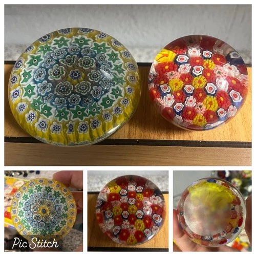 2x Vintage Fratelli Toso Murano Glass Millefiori Paperweight RARE