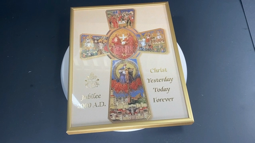SEE VIDEO Catholic Wall Art Framed Glass Cross Christmas Gift GREAT JUBILEE 2000 - Video 1 of 1