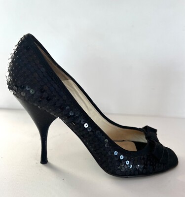 SEXY PRADA BLACK SEQUIN SANDALS SHOES, PEEP TOES, BOWS, SATIN HEELS, EU 40 