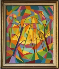 NELLY RUDIN VINTAGE MODERN ABSTRACT CUBIST SWISS OIL PAINTING SWITZERLAND 1960s