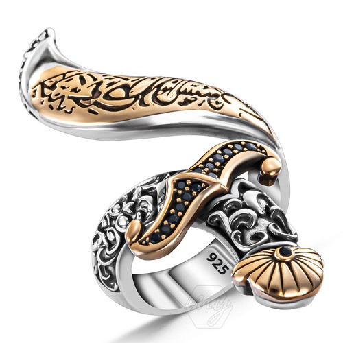 925 Sterling Silver Sword Design Turkish Handmade Islamic Men's Ring - Picture 2 of 4