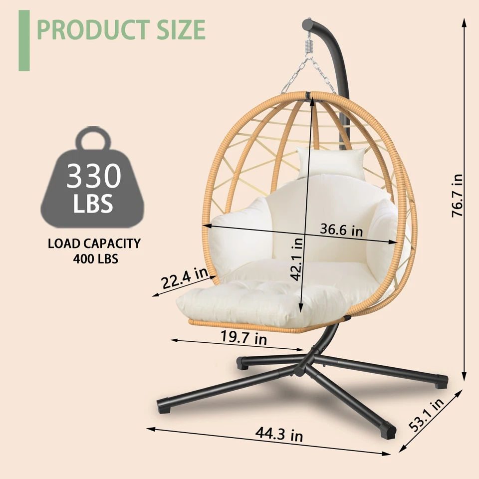 Hanging Egg Chair Outdoor Patio Wicker Chair with Stand UV Resistant Cushions - Image 3 of 4