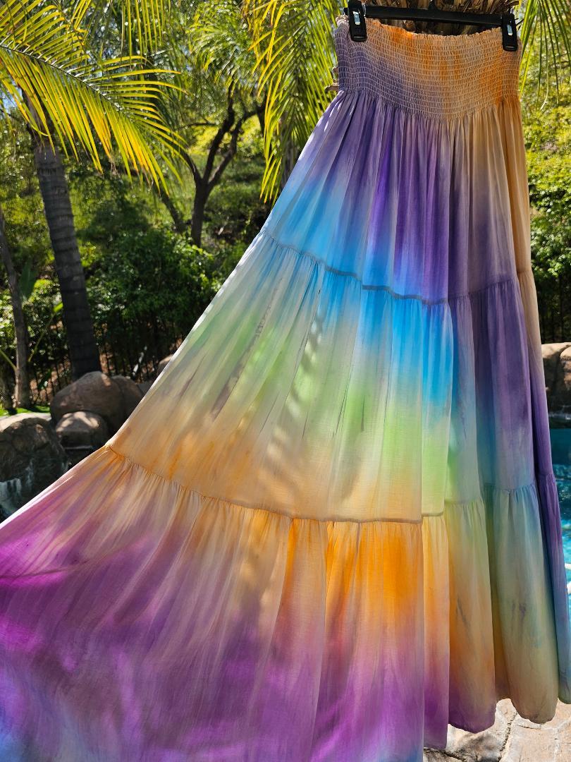 Maya Antonia Hand Tie-Dye-Pastel-Rainbow Elastic Waist/Cotton Maxi